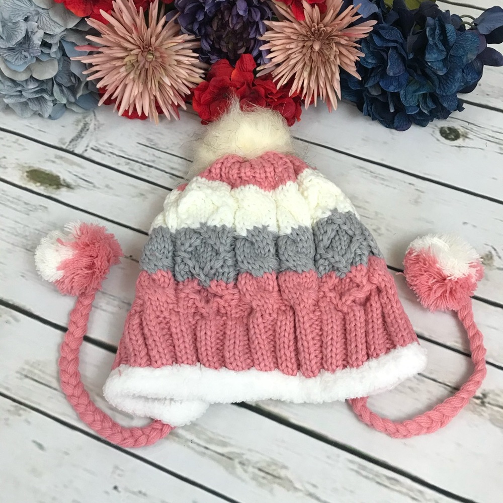 Gray, Pink & White Fleece Lined Beanie with Pom Poms - Picture 10 of 15